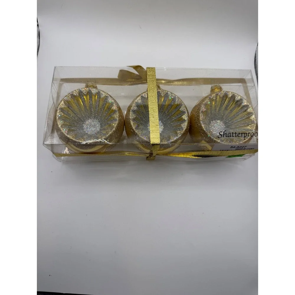 Gold Shatterproof Ornaments Set of 3 Indented‎ Sunburst Glitter Disc 3 Inch